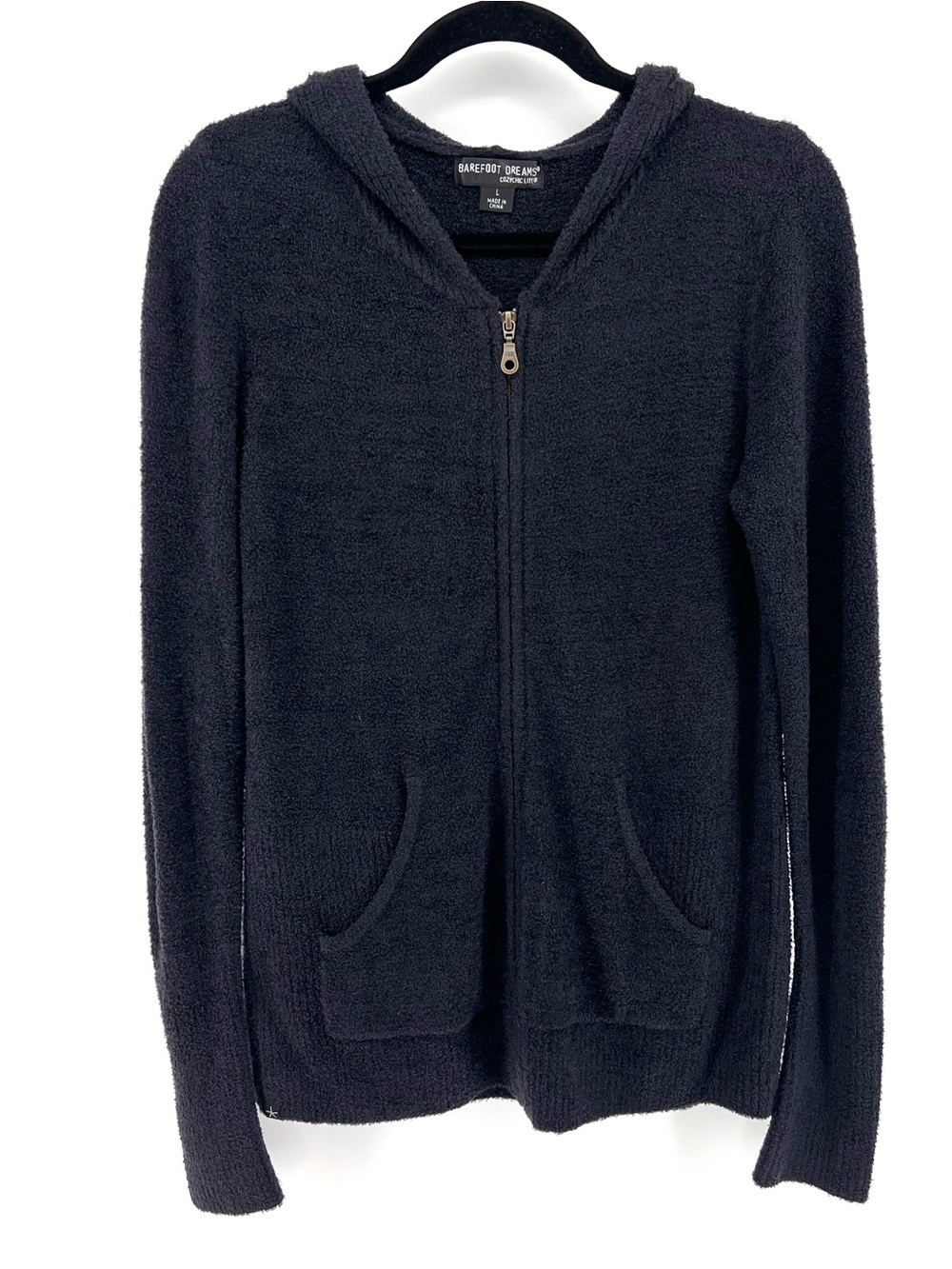BAREFOOT DREAMS CozyChic Lite Women’s ZIP Hoodie Sz L Black 406 Cardigan Comfy